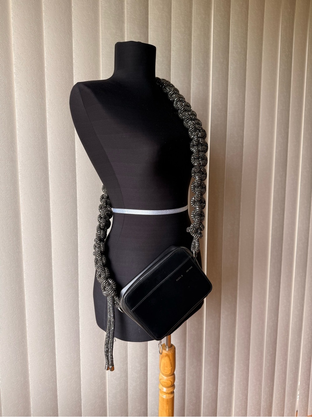 Black Leather Crossbody Bag with Knotted Beaded Strap